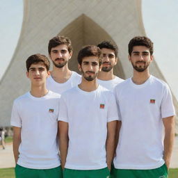 Four Iranian teenage boys with light brown hair and beards, sporting white skin and athletic clothes, gathered beside the Azadi Tower in daylight.