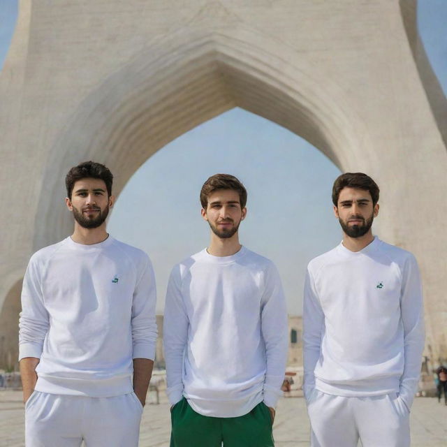 Four Iranian teenage boys with light brown hair and beards, sporting white skin and athletic clothes, gathered beside the Azadi Tower in daylight.