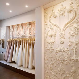 Wedding dress shop office interior, dimensions 3.77m x 3.5m, featuring a fabric samples showcase, pan-lit walls with chandelier-shaped classic appliqués.