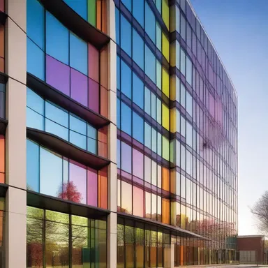The architect incorporated panels of glass infused with hematochrome in the design of the building, creating a vibrant and unique feature.