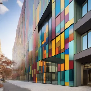 The architect incorporated panels of glass infused with hematochrome in the design of the building, creating a vibrant and unique feature.