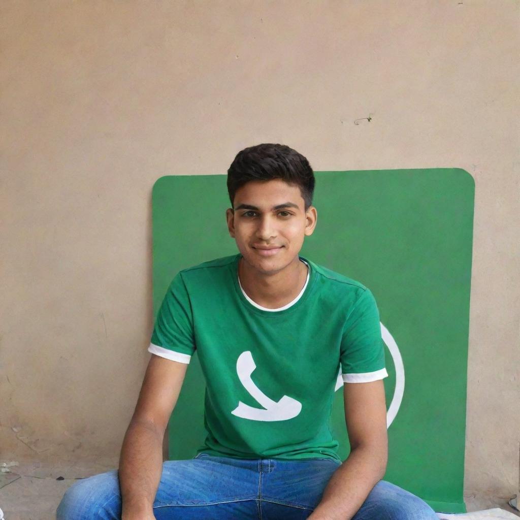 An 18-year-old boy named Saad, sitting on a giant version of a Whatsapp ID card. He's wearing a t-shirt with his name 'Saad' boldly printed on it.