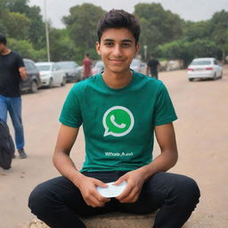 An 18-year-old boy named Saad, sitting on a giant version of a Whatsapp ID card. He's wearing a t-shirt with his name 'Saad' boldly printed on it.