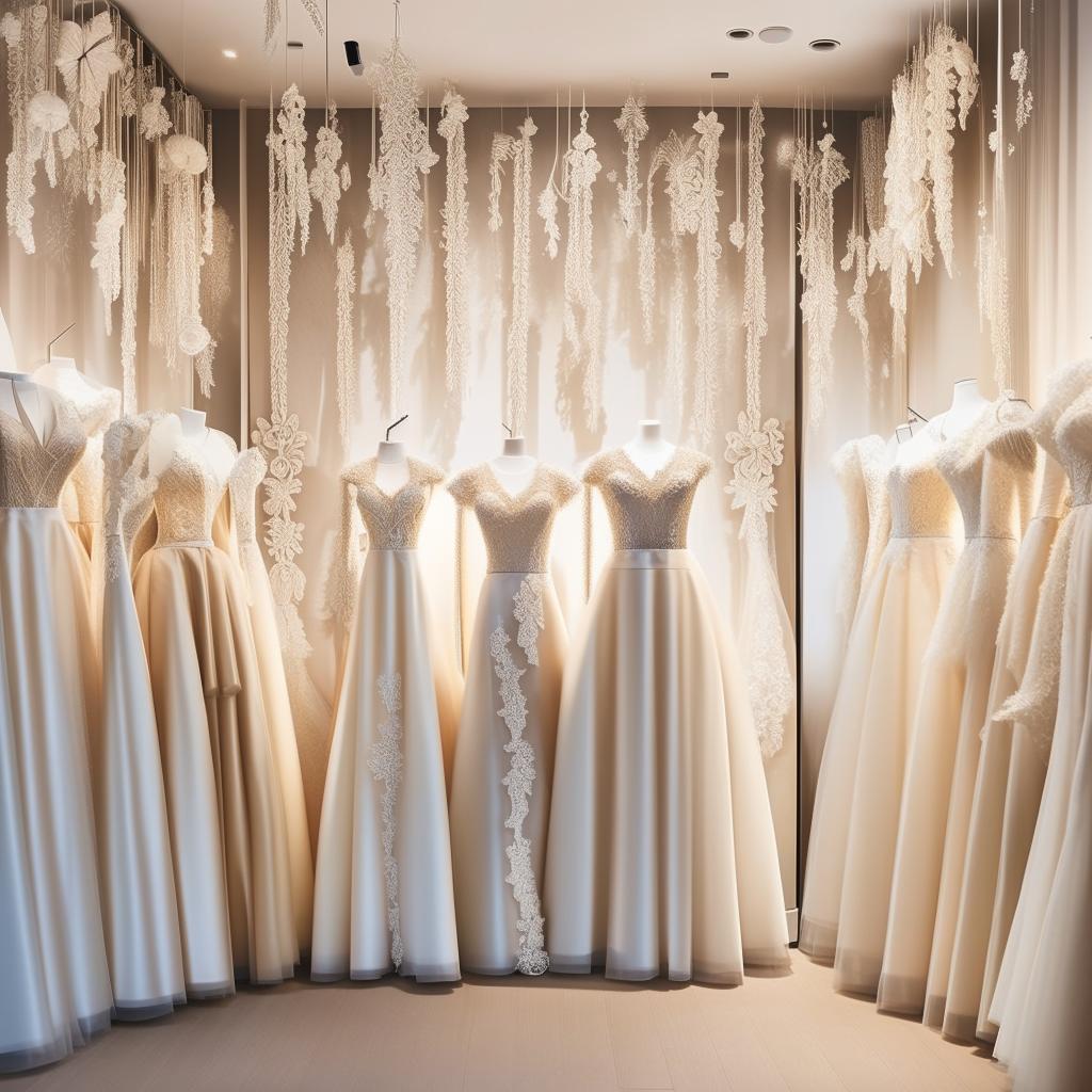 Wedding dress shop office interior, dimensions 3.77m x 3.5m, featuring a fabric samples showcase, pan-lit walls with chandelier-shaped classic appliqués.