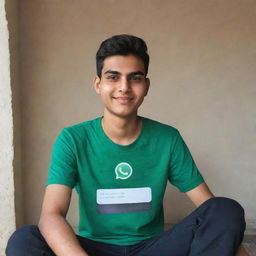 An 18-year-old boy named Saad, sitting on a giant version of a Whatsapp ID card. He's wearing a t-shirt with his name 'Saad' boldly printed on it.