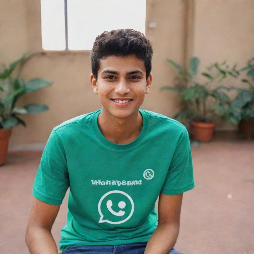 An 18-year-old boy named Saad, sitting on a giant version of a Whatsapp ID card. He's wearing a t-shirt with his name 'Saad' boldly printed on it.