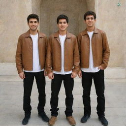 Four Iranian teenage boys with fair skin, light brown hair and beards. They are dressed in sporty outfits, wearing brown leather jackets, black pants, and light colored shirts, positioned in the holy shrine of Imam Reza.