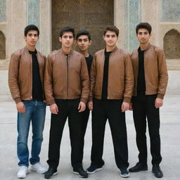 Four Iranian teenage boys with fair skin, light brown hair and beards. They are dressed in sporty outfits, wearing brown leather jackets, black pants, and light colored shirts, positioned in the holy shrine of Imam Reza.