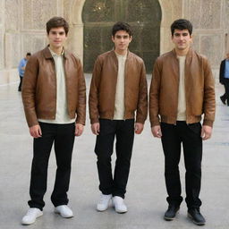 Four Iranian teenage boys with fair skin, light brown hair and beards. They are dressed in sporty outfits, wearing brown leather jackets, black pants, and light colored shirts, positioned in the holy shrine of Imam Reza.