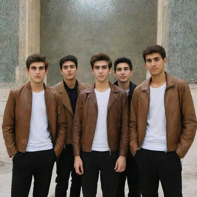 Four Iranian teenage boys with fair skin, light brown hair and beards. They are dressed in sporty outfits, wearing brown leather jackets, black pants, and light colored shirts, positioned in the holy shrine of Imam Reza.