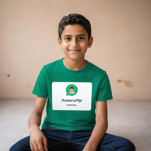 An artificial intelligence-generated image of a boy named Saad, casually sitting on a giant Whatsapp ID card that also bears his name. His t-shirt prominently showcases the name 'Ansrai'.