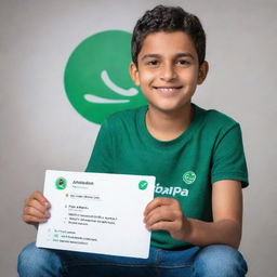 An artificial intelligence-generated image of a boy named Saad, casually sitting on a giant Whatsapp ID card that also bears his name. His t-shirt prominently showcases the name 'Ansrai'.