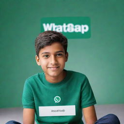 An artificial intelligence-generated image of a boy named Saad, casually sitting on a giant Whatsapp ID card that also bears his name. His t-shirt prominently showcases the name 'Ansrai'.