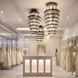 Luxurious office design for wedding dress store, 3.77m x 3.5m, featuring customer reception, waiting area, fabric samples display, wall with classic lantern-style chandeliers with centered lighting.