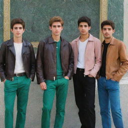 Four Iranian teenage boys with light brown hair, beard and white complexion dressed in brown or tan leather jackets, black or grey cloth pants, and jade green, oil blue, or pink shirts, positioned in Imam Reza's shrine.