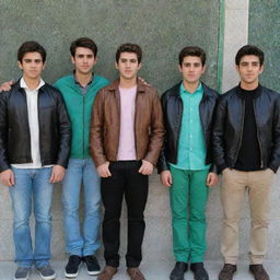 Four Iranian teenage boys with light brown hair, beard and white complexion dressed in brown or tan leather jackets, black or grey cloth pants, and jade green, oil blue, or pink shirts, positioned in Imam Reza's shrine.