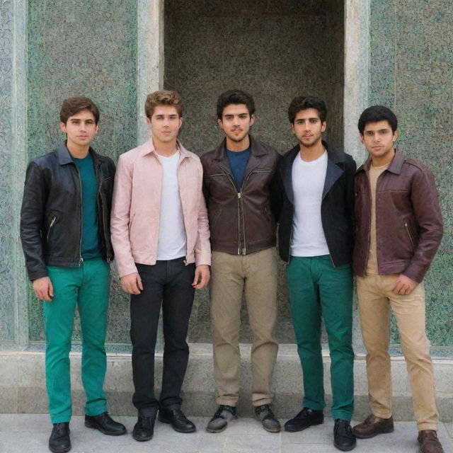 Four Iranian teenage boys with light brown hair, beard and white complexion dressed in brown or tan leather jackets, black or grey cloth pants, and jade green, oil blue, or pink shirts, positioned in Imam Reza's shrine.