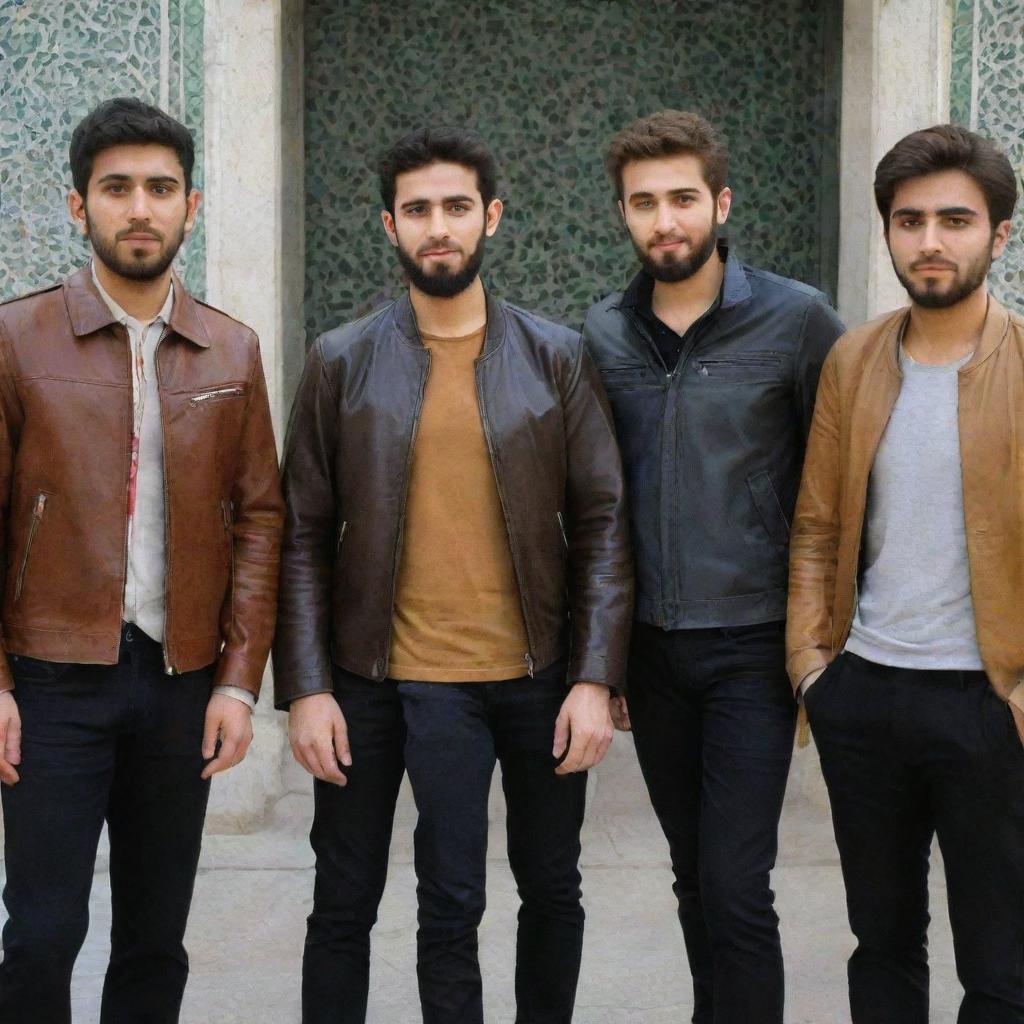 Four young Iranian males with light skin and light brown hair and beards, dressed in brown or tan leather jackets, black or gray trousers, and colorful shirts, located at Imam Reza's shrine.