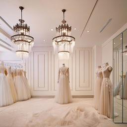 Luxurious office design for wedding dress store, 3.77m x 3.5m, featuring customer reception, waiting area, fabric samples display, wall with classic lantern-style chandeliers with centered lighting.