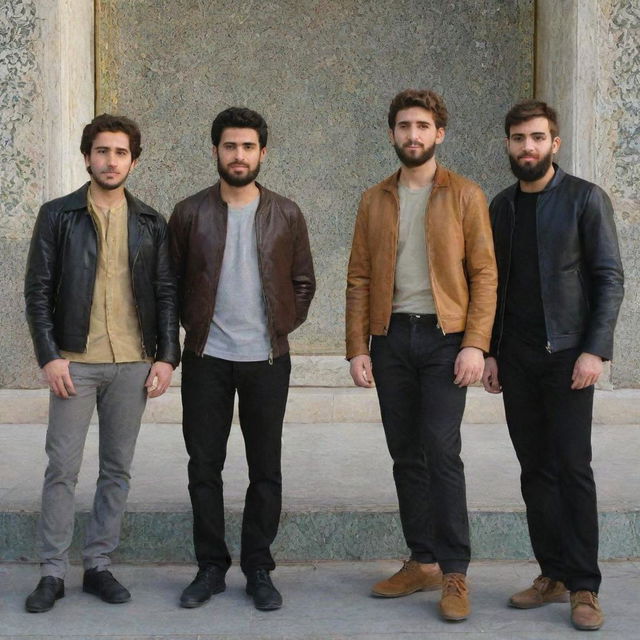 Four young Iranian males with light skin and light brown hair and beards, dressed in brown or tan leather jackets, black or gray trousers, and colorful shirts, located at Imam Reza's shrine.