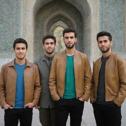 Four young Iranian males with light skin and light brown hair and beards, dressed in brown or tan leather jackets, black or gray trousers, and colorful shirts, located at Imam Reza's shrine.