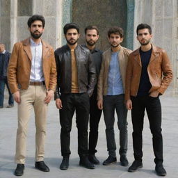 Four young Iranian males with light skin and light brown hair and beards, dressed in brown or tan leather jackets, black or gray trousers, and colorful shirts, located at Imam Reza's shrine.