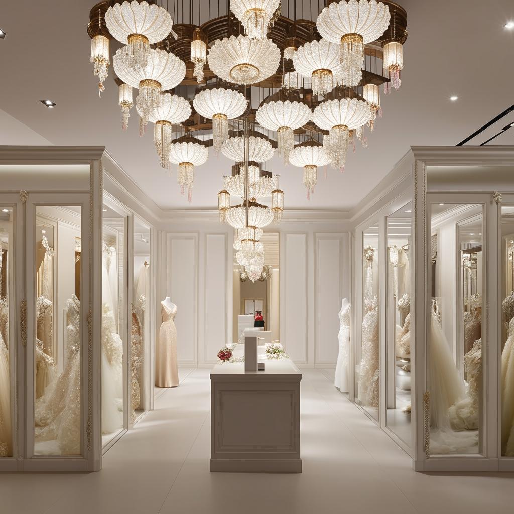 Luxurious office design for wedding dress store, 3.77m x 3.5m, featuring customer reception, waiting area, fabric samples display, wall with classic lantern-style chandeliers with centered lighting.