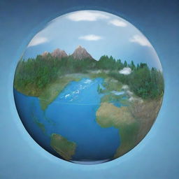 Generate an illustration showcasing the interactions between the geosphere, hydrosphere, atmosphere, and biosphere. Each sphere should be visibly interacting and impacting the others.