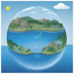 Generate an illustration showcasing the interactions between the geosphere, hydrosphere, atmosphere, and biosphere. Each sphere should be visibly interacting and impacting the others.