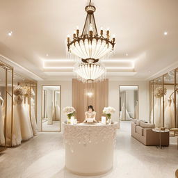 Luxurious office design for wedding dress store, 3.77m x 3.5m, featuring customer reception, waiting area, fabric samples display, wall with classic lantern-style chandeliers with centered lighting.