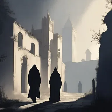 As the haunted monastery appeared in the distance, the protagonist could make out figures clad in monastic habits lurking in the shadows.