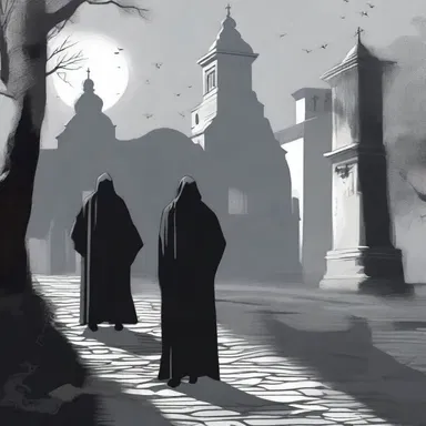 As the haunted monastery appeared in the distance, the protagonist could make out figures clad in monastic habits lurking in the shadows.