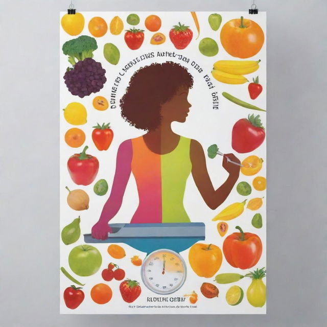 Create a vibrant poster advertising dietitian services, featuring fresh fruits and vegetables, measuring scales, a silhouette of a healthy body, and motivational health quotes.