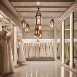 Wedding dress store office design, 3.77m wide, 3.5m long, no mirrors, customer reception, waiting area, fabric cartel display, classic wall lanterns with central lighting, lantern-shaped chandeliers.