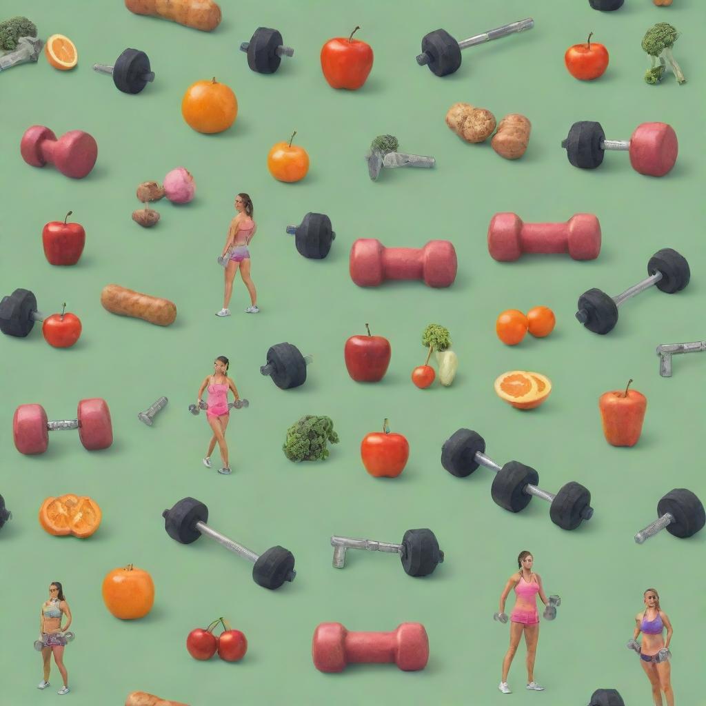 Generate an image representing fitness, with athletic figures, equipment like dumbbells and treadmills, healthy foods, and an energizing outdoors scene.