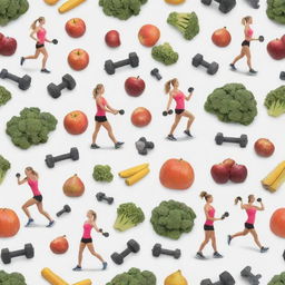 Generate an image representing fitness, with athletic figures, equipment like dumbbells and treadmills, healthy foods, and an energizing outdoors scene.