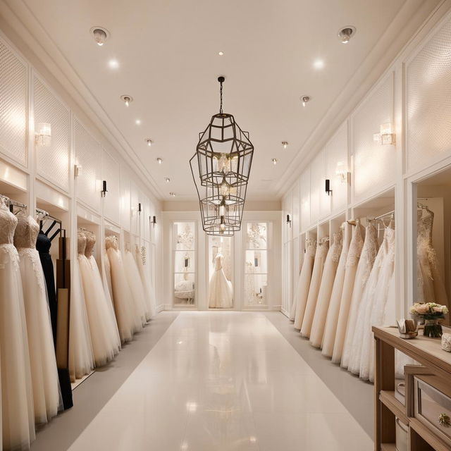 Wedding dress store office design, 3.77m wide, 3.5m long, no mirrors, customer reception, waiting area, fabric cartel display, classic wall lanterns with central lighting, lantern-shaped chandeliers.