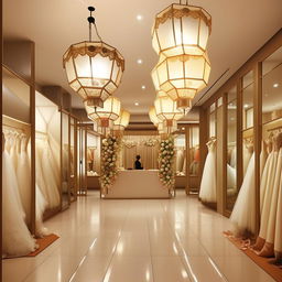 Wedding dress store office design, 3.77m wide, 3.5m long, no mirrors, customer reception, waiting area, fabric cartel display, classic wall lanterns with central lighting, lantern-shaped chandeliers.