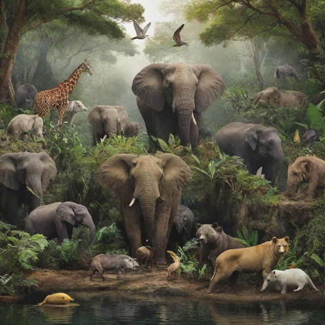 A diverse group of animals in their natural habitat, showcasing a variety of species from different ecosystems around the world.