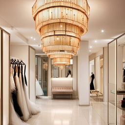 Wedding dress store office design, 3.77m wide, 3.5m long, no mirrors, customer reception, waiting area, fabric cartel display, classic wall lanterns with central lighting, lantern-shaped chandeliers.