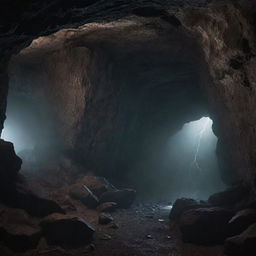 An ancient, eerie, desolate cave shrouded in darkness with thunder rumbling through an ominous night sky. Haunting sounds of Old Aghoras chanting echo through the atmosphere, eliciting spine-tingling shivers.