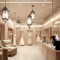 Office design for a wedding dress shop, dimensions 3.77m x 3.5m x 2.8m height, customer reception, waiting area, fabric cartel area, classic wall lanterns with central lighting, lantern-shaped chandeliers, no mirrors.