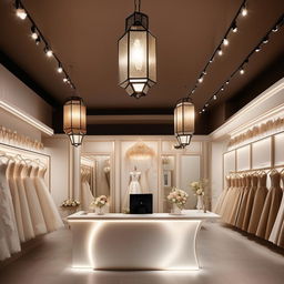 Office design for a wedding dress shop, dimensions 3.77m x 3.5m x 2.8m height, customer reception, waiting area, fabric cartel area, classic wall lanterns with central lighting, lantern-shaped chandeliers, no mirrors.