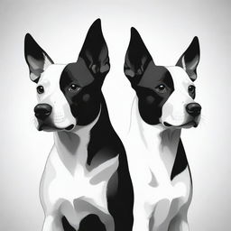 Create a high contrast, black and white vector-style image of a two-headed dog. The design should be simple, flat, and contain line art. The background should be white.