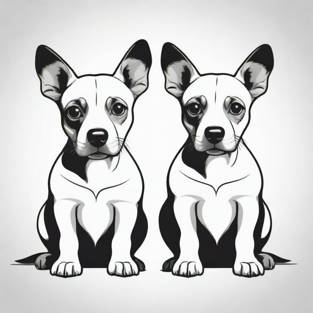 Create a high contrast, black and white, vector-style image of a two-headed dog. The design should be simple and flat, in a line art style, with a white background.