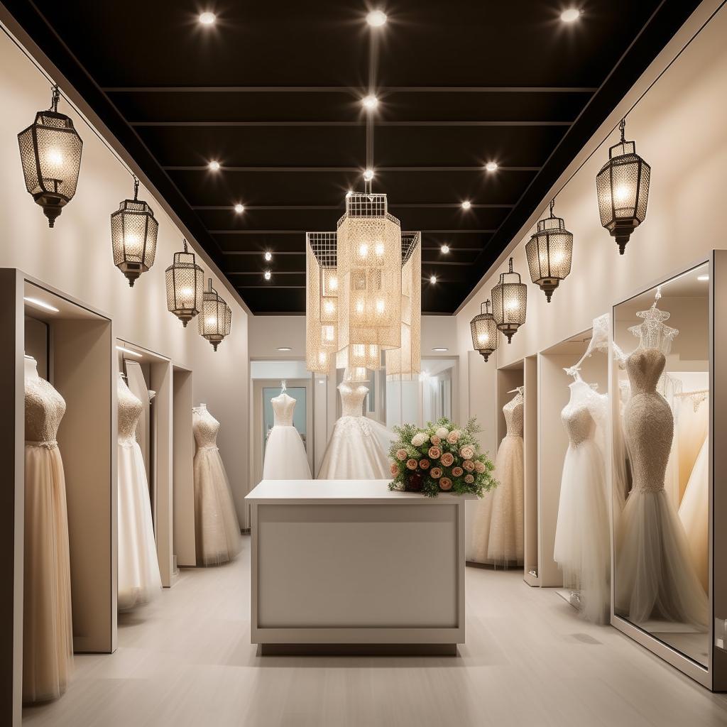 Office design for a wedding dress shop, dimensions 3.77m x 3.5m x 2.8m height, customer reception, waiting area, fabric cartel area, classic wall lanterns with central lighting, lantern-shaped chandeliers, no mirrors.