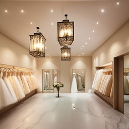 Office design for a wedding dress shop, dimensions 3.77m x 3.5m x 2.8m height, customer reception, waiting area, fabric cartel area, classic wall lanterns with central lighting, lantern-shaped chandeliers, no mirrors.