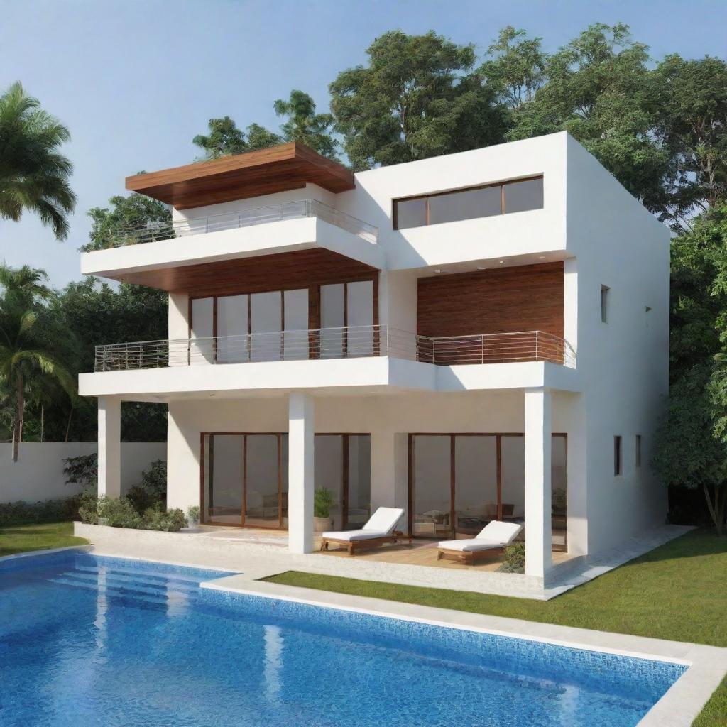 An architectural design of a 1800 sq ft residence with five 15*15 ft rooms, a gallery, car parking facility, and a swimming pool.