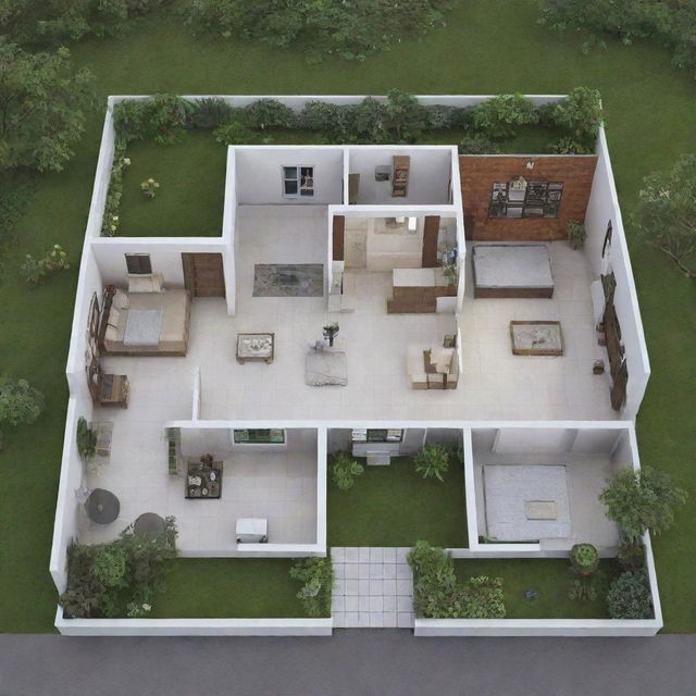 A landscape of a 1800sqft home, featuring 5 rooms, a kitchen, a toilet, and a balcony, showcasing details of each area in a visually appealing way.