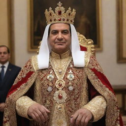 President Elsisi dressed as a royal king, donning a luxurious and intricate regalia with a majestic crown.